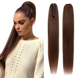Elailite Claw Clip Ponytail Hair Extensions Real Human Hair Natural HairPiece Straight (#04 Medium Brown, 16 Inch)