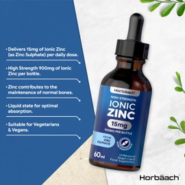 Ionic Zinc Liquid | High Strength 15mg Zinc Supplement from Zinc Sulphate | 900mg Per Bottle - 60ml Liquid Drops | Suitable for Vegetarians & Vegans | by Horbaach