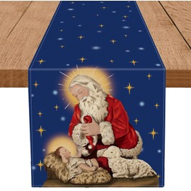 Jesus Christmas Decorations Table Runner Holy Night Nativity Santa Religious Navy Blue Kitchen Dining Table Decoration for Home Winter Xmas Holiday Indoor Decor 13x72 Inch