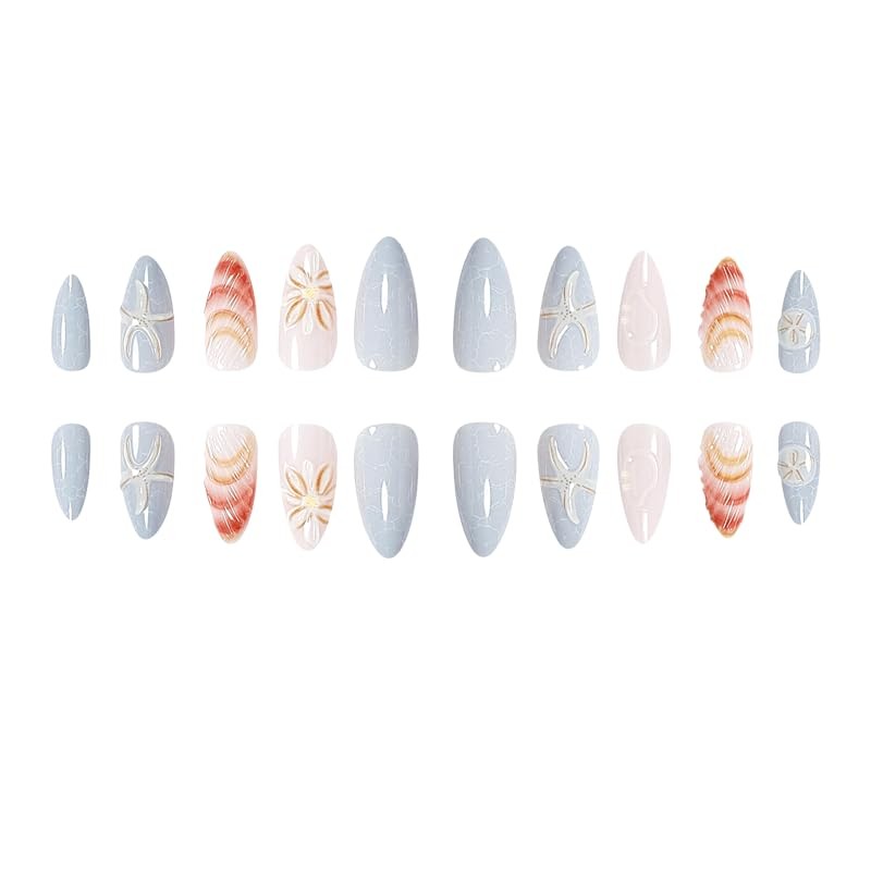 24PCS Ocean Theme Press On Nails - 3D Blue White