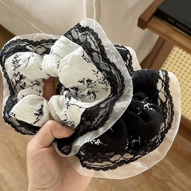 TUCEWP Scrunchies for Women's Hair 2Pcs White Black Organza Lace Scrunchies for Long Thick Curly Hair Ultra Soft Hair Bands Large Elegant Scrunchies Cute Ponytail Holders No Damage Elastic Hair Ties