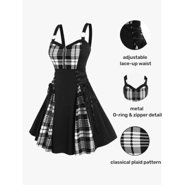 Rosegal Gothic Lace Up Plaid Half Zipper Fit and Flare Gothic Dress(White_1/4X)