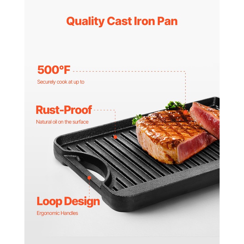 VEVOR Reversible Grill/Griddle, 14x8.5 inch Pre-Seasoned Cast Iron Griddle, Portable
