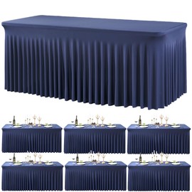 Outpain 8ft Spandex Table Cloth for Standard Folding Tables-6Pack Navy Blue Table Cloth Table Protector for Party, Wedding, Cocktail, Banquet, Festival