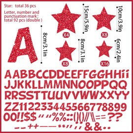 Containlol 188 Pcs Red Glitter Bulletin Board Borders Letters Stars Cutouts Set, Include 59 ft 60 Bulletin Board Trims 52 Alphabet Letters 36 Stars 20 Numbers 20 Punctuations for Classroom