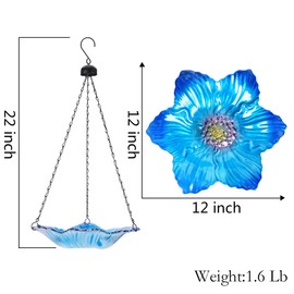 MUMTOP Hanging Bird Bath Glass Bird Bath Outdoor Bird Feeder 12-inch for Garden Decoration Blue Flower Pattern (Lace Shape)