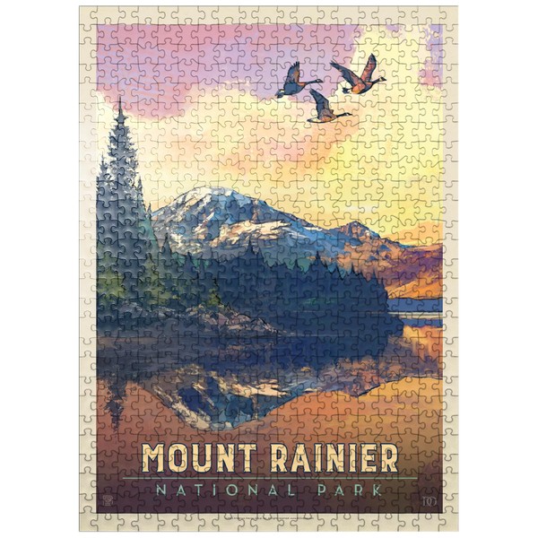 Mount Rainier National Park: Daybreak, Vintage Poster - Premium 500 Piece Jigsaw Puzzle for Adults