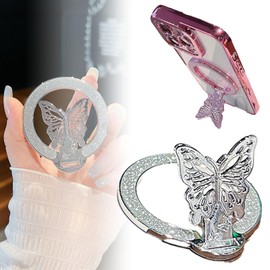 Butterfly Bling Magnetic Phone Ring Holder for MagSafe,Cellphone Support Metal Ring Holder Finger Grips for All Smartphones (silver)