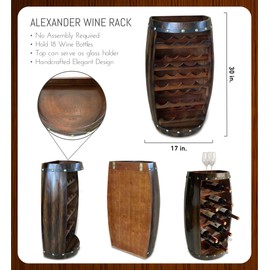 CoTa Global Alexander Wooden Barrel Wine Rack - 18 Bottles Wine Storage Rack, Wooden Rack Free Standing, Liquor Bar Shelf, Rustic Bottle Holder, Wall Mounted and Glass Holder