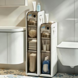 JLFMYD 7.1in Wide Slim Bathroom Storage Cabinet, No Installation Narrow Drawer Storage Organizer, Freestanding Waterproof Cabinet for Small Spaces, Bathroom, Kitchen, Laundry Room, Corner(4-Tiers)