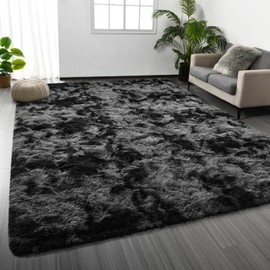 Deerhoo Large Shag Area Rugs 6 x 9, Tie-Dyed Plush Fuzzy Rugs for Living Room, Ultra Soft Fluffy Furry Rug for Bedroom, Indoor Carpet Nursery Rugs for Kids Room Home Decor, Dark Grey