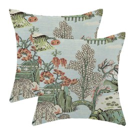 Chinoiserie Pillow Covers 18x18 Set of 2 Blue Background Chinoiserie Decorative Throw Pillow Modern Outdoor Linen Square Farmhouse Asian Scenic Tree Leaves Cushion Cover for Home Couch Sofa