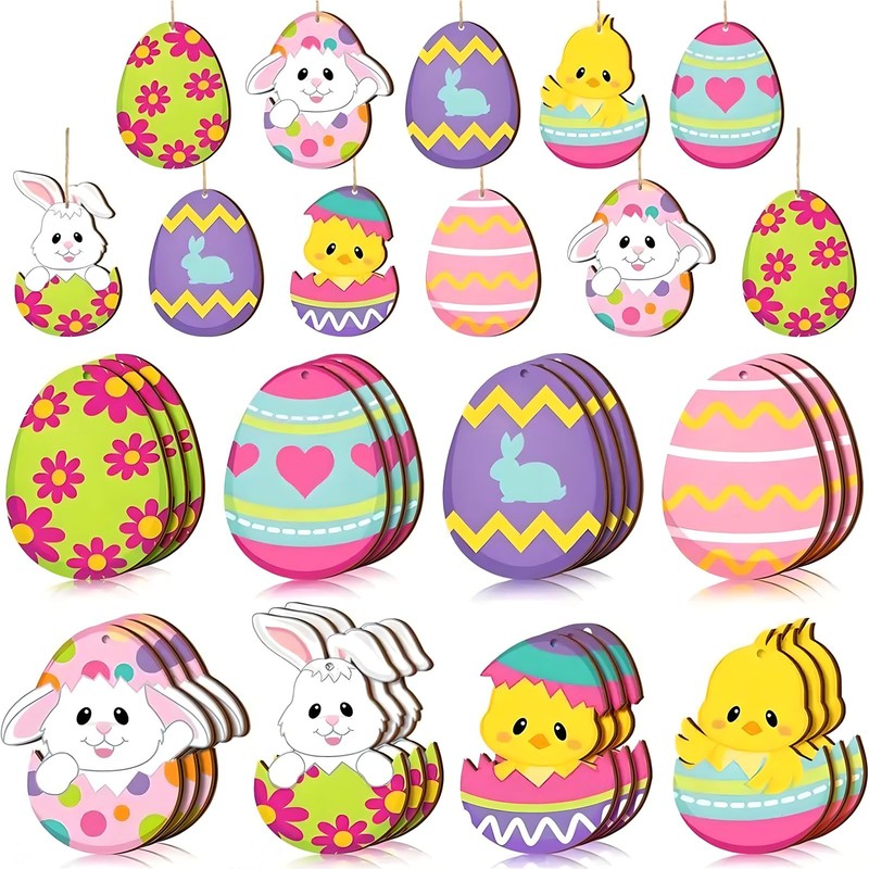 Pack of 24 wooden Easter pendants, 8 Easter decorations, wood,