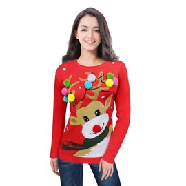 v28 Varied Ugly Christmas Sweater for Women Merry Reindeer Shirt Knit Sweaters (Medium, Colorful Deer Red)