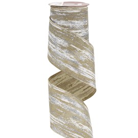MEEDEE 4 Inch White and Silver Glitter on Tan Burlap Birch Bark Wired Ribbon - 10 Yard Roll - Christmas Tree Ribbon for Gift Wrapping, Wreath Making, Rustic Home Decor, Vintage Style Holiday Crafting