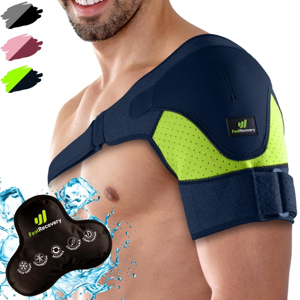 Sports Shoulder Bandage for Men & Women with Cooling Pads Gel Cold Heat Therapy - Support of Rotator Cuff - Neoprene Adjustable Shoulder Bandage Left & Right Arm (S/M, Green)