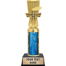 11" Disc Golf Blue Stars Column Trophy, Trophy Award with Frisbee & Basket - Add Your Own Engraving Prime