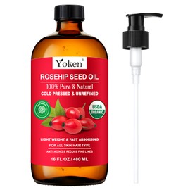 Yoken Organic Rosehip Seed Oil, USDA 100% Pure Rosehip Oils for Face, Hair & Body, Large Glass Bottle 16 fl oz Cold Pressed Rose Hip Oil for Skin Care, Moisturizing, Massage, Gua Sha & DIY Blends