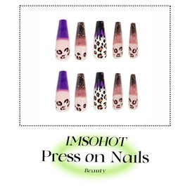 IMSOHOT Leopard Print Press on Nails Long Coffin Fake Nails Purple Gradient Acrylic Glossy False Nails Glitter Ballerina Glue on Nails Full Cover Stick on Nails for Women Girls 24Pcs