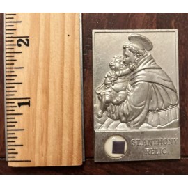 Vintage NOS Catholic Saint Anthony Silver Tone Pressed Metal Plaque w/Relic