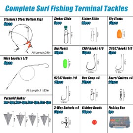 Surf Fishing Tackle Kit, 173pcs Ocean Saltwater Fishing Lures Surf Fishing Gear Fish Finder Rigs Pompano Rig Pyramid Sinker Weight Fishing Hooks Swivels Snaps Floats Beads Various Accessories