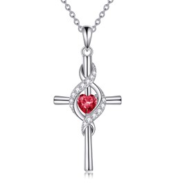 JERWLI Kreuz Halskette für Frauen 925 Sterling Silber Kreuz Geburtsstein Anhänger Halskette Infinity Kreuz Religiöser Schmuck Geschenke für Frauen (Garnet)