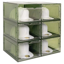 SCAVATA 6 Pack Hat Organizer Box, Stackable Clear Baseball Caps Holder Box Containers with Magnetic Door for Hats Snapback Cap Storag, Hat Rack Display Case, Holds 8 Hats Each (Green)