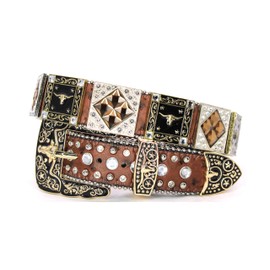 West Star Texas Genuine Leather Belt for Women & Cowboy Big Rhinestone Engraved Buckle Country Gold 5011A Longhorn CF M