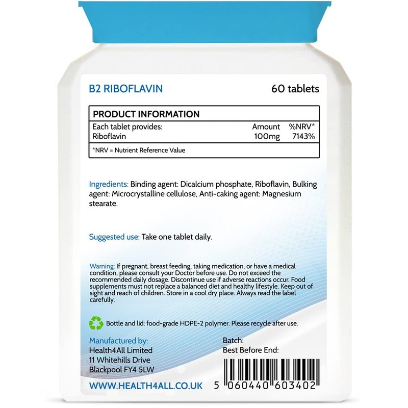 Vitamin B2 Riboflavin 100mg 60 Tablets . Migraine Support, Stress
