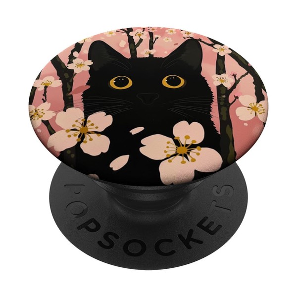 Black Cat With Cherry Blossoms Around Pink Graphic PopSockets Standard