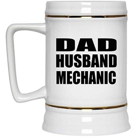 Designsify Gifts, Dad Husband Mechanic, 22oz Beer Stein Ceramic Tankard Mug with Handle for Freezer, for Birthday Anniversary Mom Dad Parents Fathers Mothers Day Party, to Men Women Him Her Friend