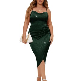 ZOMVA 2024 Plus Size Sparkle Sequin Dress Glitter Ruched Spaghetti Strap Midi Dress Party Club Homecoming, Sparkly Green, XL