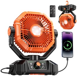 BINUYASHA Rechargeable Camping Fan with 20000mAh Battery, 8-Speed Stepless Control, Remote, Auto Oscillating, Dual LED Light & Timer, Hanging Hook for Tent, Beach, Power Outage