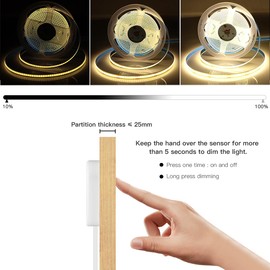 LRGBST 5 V USB COB LED Strip, 2 m Warm White Dimmable LED Strip Light with Touch and Hand Sweep Dimmer Switch for Acoustic Panels Display Cabinets Shelf Cabinet Lighting