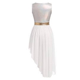 ABEHIK Praise Dance Dress for Women Sleeveless Metallic Sequin Color Block Ruffle Dresses Overlay Liturgical Lyrical Dancewear Worship Church Costume White S