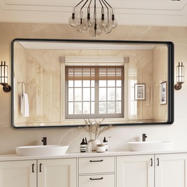 Furnbar Black Bathroom Mirror 60x30 Inch, Rounded Corner Rectangle Mirror with Metal Deep Frame, Wall Mirrors for Over Sink, Vanity, Bedroom, Bathroom, Hangs Horizontally or Vertically