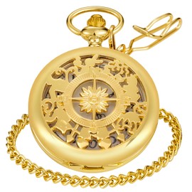 Tiong Gold Hollow Compass Covered Quartz Men's Pocket Watch,Luminous Arabic Numerals Black Dial Pocket Watch with Chain