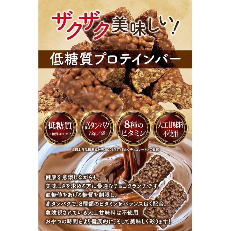 チョコ屋 プロテインクランチチョコバー 個包装 175g×１袋（標準個数：20個） 糖質50%オフ 高タンパク72g/袋 8種のビタミン 人工甘味料不使用 ザクザクチョコ 低糖質