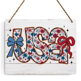 Independence Day Bow Decor Patriotic Decorations, Fourth of July Decor Wall Art Signs, Red White and Blue Decorations, Ditsy Flowers, for Bedroom Living Room Porch Garden Yard Backyard