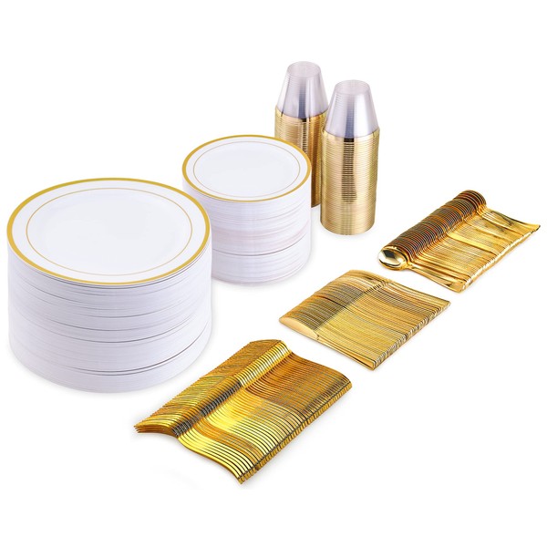 600 Count Gold Dinnerware Set–200 Gold Plastic Plates–Set of 300 Gold Plastic Silverware–100 Gold Plastic Cups–Disposable Gold Plastic Dinnerware Set for Party or Wedding(100 Guests)