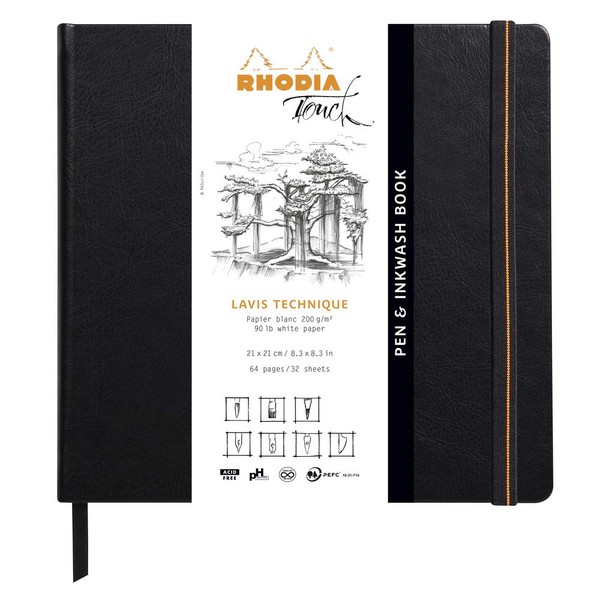 RHODIA Touch 116127C – Rigid Notebook Pen & Inkwash Book 21 x 21 cm – 64 Pages – Clairefontaine Plain White Technical Wash Paper 200 g/m – For Drawing Pencils, Felt, Charcoal, Gouache, Ink