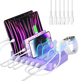 SooPii Premium 6-Port USB Charging Station Organizer for Multiple Devices, 6 Short Charging Cables and One Upgraded i-Watch Charger Holder Included, for Phones,Tablets and Other Electronics, Purple