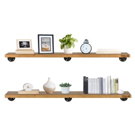 TEN49 Real Wood Rustic Floating Shelves Wall - 48 Wide Small Wooden Industrial Pipe Shelving - Farmhouse Pipe Wall Shelves Furniture Bathroom Decor Art Shelf Kitchen - Light Walnut Color - Set of 2