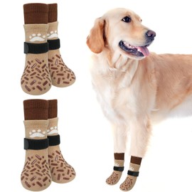SCENEREAL Dog Socks to Prevent Licking Paws for Hardwood Floors, Anti Slip Long Dog Grip Socks for Cold/Hot Pavement, Dog Shoes Booties&Paw Protector for Small Medium Large Senior Dog, Khaki L