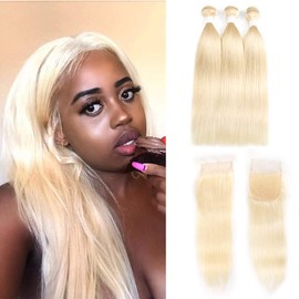X-TRESS Brazilian Remy Human Hair 613 Blonde 3 Straight Bundles With Closure (18 20 22+C16)…