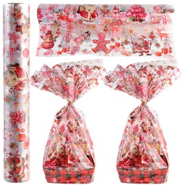 Kolewo4ever 100 Ft X 32 inch Christmas Pink Cellophane Wrap Roll Vintage Xmas Cellophane Wrap with Special Santa Claus Elk Christmas Tree for Christmas Gift Basket, Treat Wine