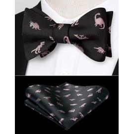 HISDERN Bow Ties for Men Self Tie Animal Bowties Pocket Square Woven Silk Fun Bowtie Handkerchief Set for Wedding Party, Dinosaur/Black, One Size