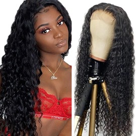Wig for Women 4x1 Lace Frontal Natural Brazilian Human Hair Wig Real Hair 150% Density Human Hair Water Wave HD Lace Human Hair Wig 32 Inch Natural Black Colour
