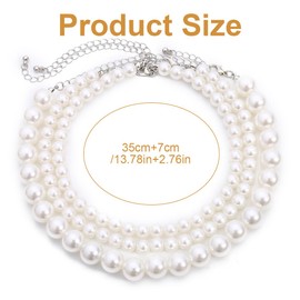 MWUMRCM White Pearl Necklace, 1 Pearl Necklace, Women's White Pearl Necklace, Simulated Pearl Necklace, 3-Row Beads, Lady White Elegant Artificial Pearl Necklaces, Pearl Chain Necklace