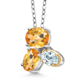925 Silver and 10K Yellow Gold Yellow Citrine and Sky Blue Aquamarine Pendant Necklace For Women (2.50 Cttw, Oval Checkerboard 8X6MM, 7X5MM and 6X4MM, Gemstone November Birthstone, with 18 Inch Chain)
